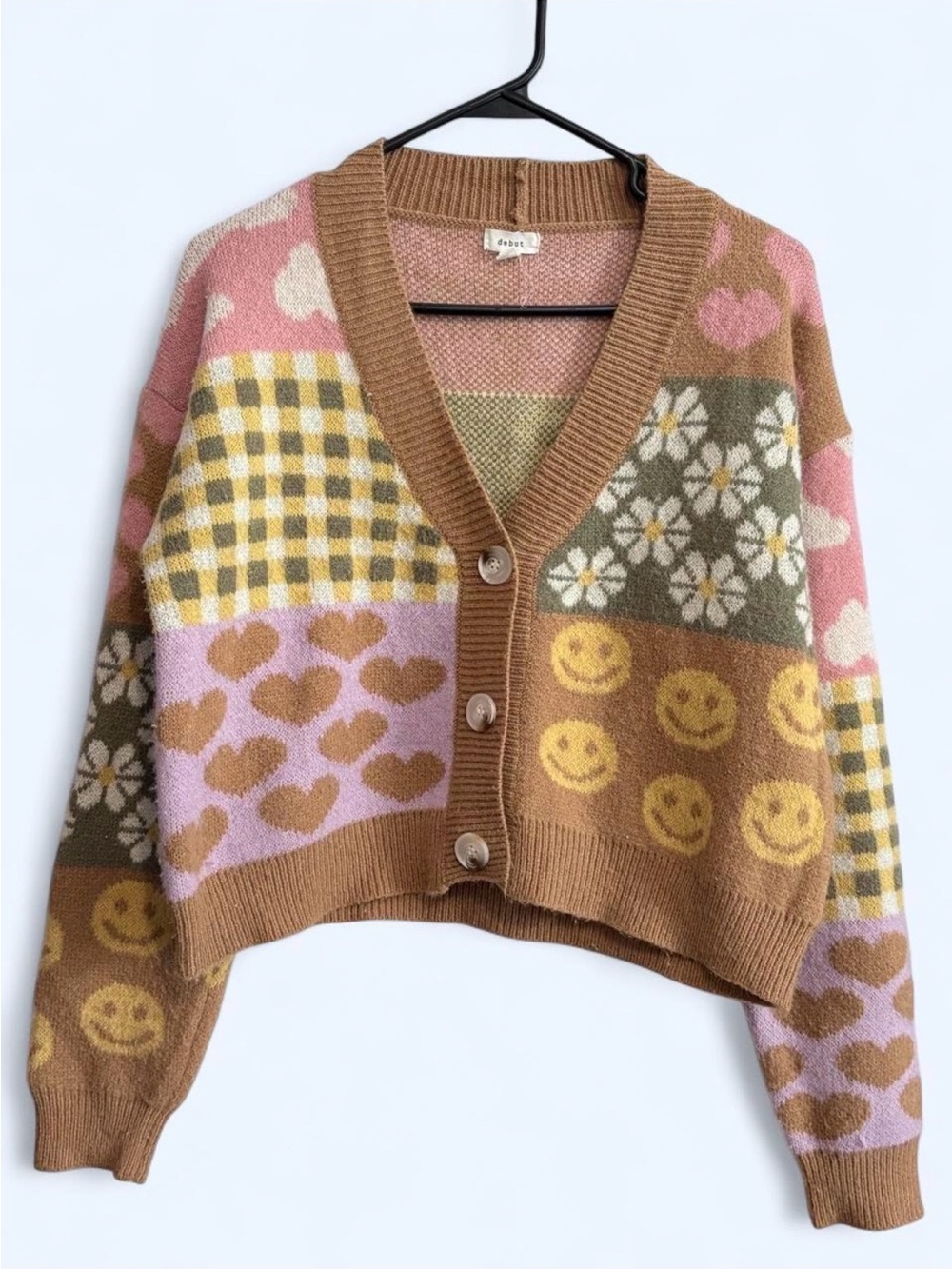 debut Multicolor Patchwork Heart & Smiley V-Neck Cardigan
